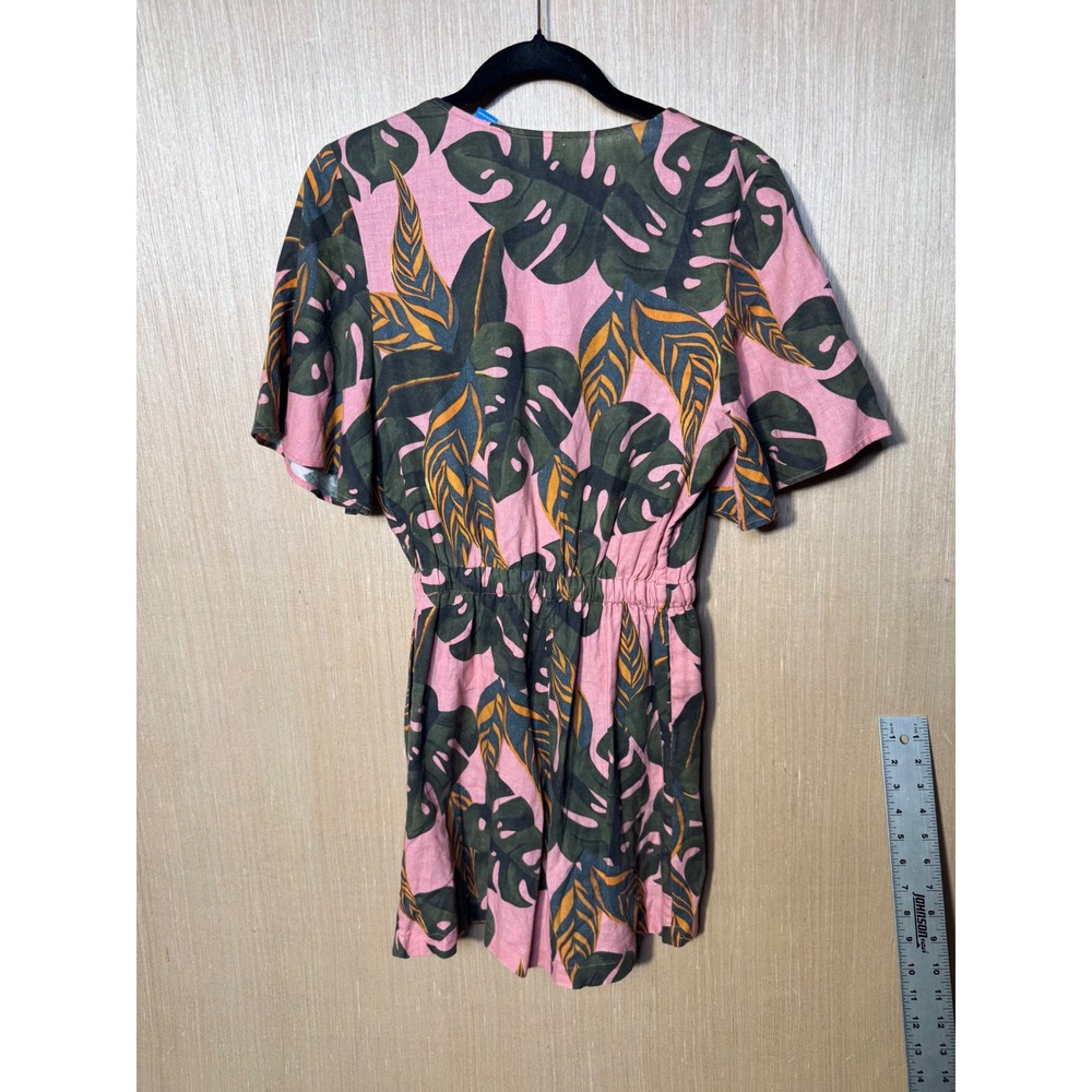Farm Rio for Anthropologie Pink Tropical Monstera Leaf Linen Romper Small FLAW - Picture 7 of 8